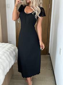 SHEIN Váy ngủ dài dệt kim đan lưới chắp vá ren cho nữ - màu đen - Xem 5