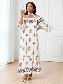 SHEIN Unity Vestido con estampado retro, hombros descubiertos y volantes para vacaciones para mujeres - Albaricoque - Ver 3