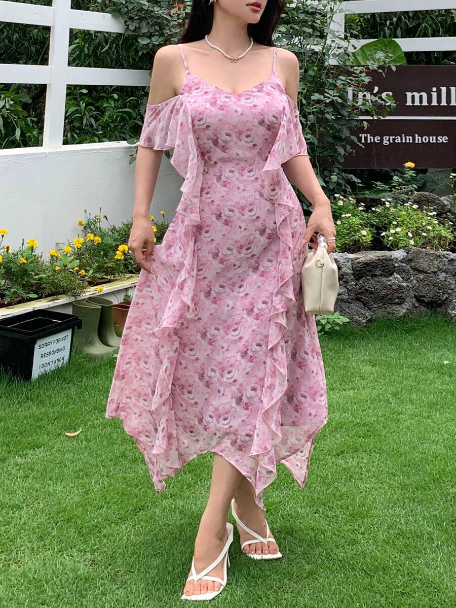Modelyn Women's Summer Chiffon Pink Floral Dress,Elegant Ruffle Off Shoulder Strap Wedding Guest Dress,Holiday Tea Party Summer Outfits Graduation Dress - Dusty Pink - View 1