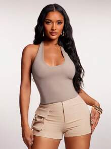 SHEIN SXY Women's Sexy Solid Color Backless Halter Top, Summer - Khaki - View 5