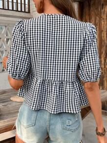SHEIN LUNE 女士夏季格纹系带泡泡袖短款休闲衬衫 - 彩色 - 查看 2