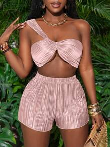 Slaydiva 全新两件套休闲度假褶皱面料细肩带背心和短裤 - 粉色 - 查看 1