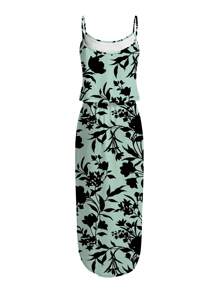 Shutterstock Glamance Women's Summer Floral Print Fitted Strap Slit Dress Summer Dresses For Women Business Casual Woman Office Outfits For Women Hawaii Outfits Women Day Night Outfits Women Travel Outfit Airport Streetwear Women Fall Clothes Modest - Green - View 2