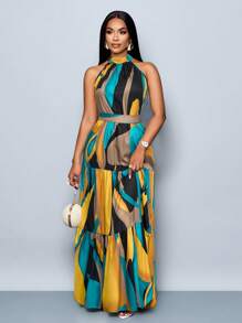 SOLERSUN 女士时尚全印花吊带长裙配腰带，飘逸度假风（随机花卉图案） - 黃色 - 查看 7