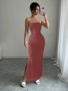 Chiquease Ladies Elegant Polka Dot Mesh Bustier Style Ruched Waist Mesh Dress - Burgundy - View 5