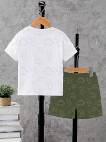 SHEIN Playful Pals 1 set de camiseta de manga corta con estampado de dinosaurio de dibujos animados y pantalones cortos para niños pequeños, ligero para uso diario, adecuado para primavera/verano