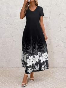 SHEIN Clasi Women's Elegant V-Neck Blue & White Floral Print Pocket Maxi Dress, Casual Vacation & Daily Wear, Spring/Summer,Dresses For Women Summer