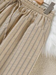 SHEIN LUNE Plus Size Women Striped Self-Tie Waist Wide Leg Casual Pants,Business Casual Woman - Coffee Brown - View 4