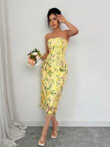 Rafferiza Váy midi bandeau thêu màu vàng thanh lịch cho nữ, mùa hè - Màu vàng - Xem 6
