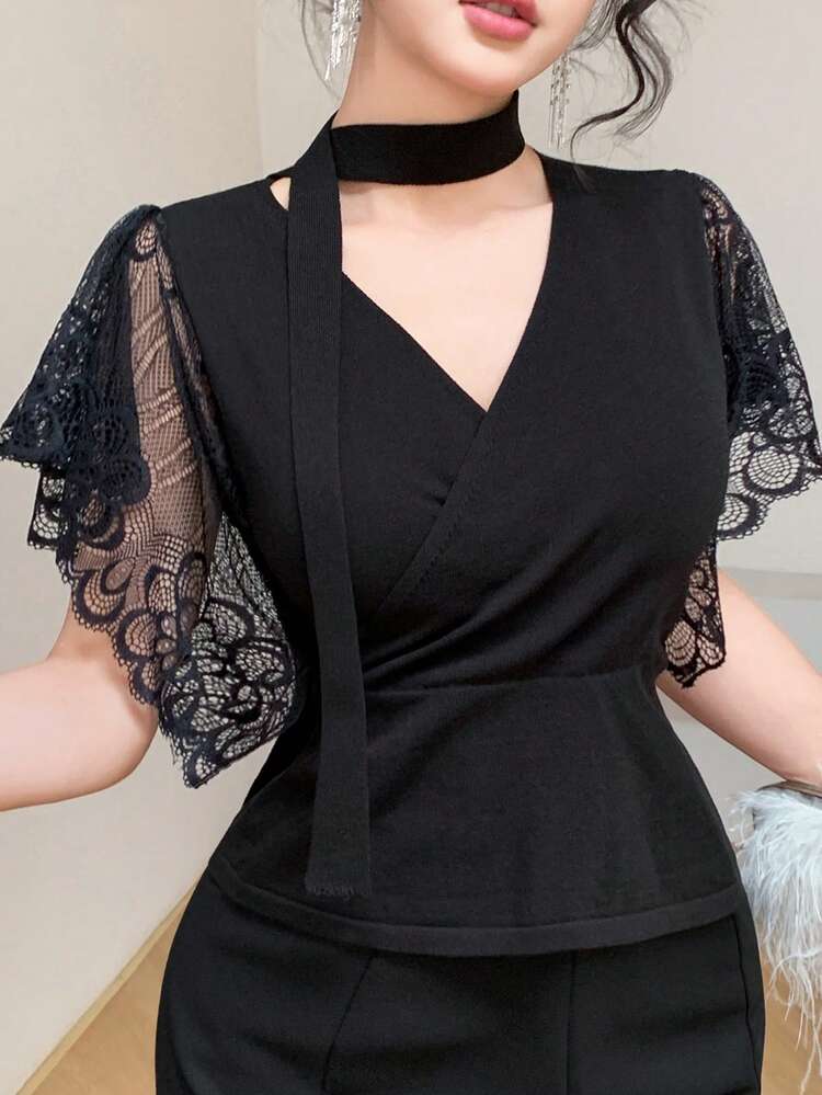 1pc Women Solid Color Slim Fit Contrast Lace Ruffle Sleeve Neck Tie Elegant Summer Knit Top