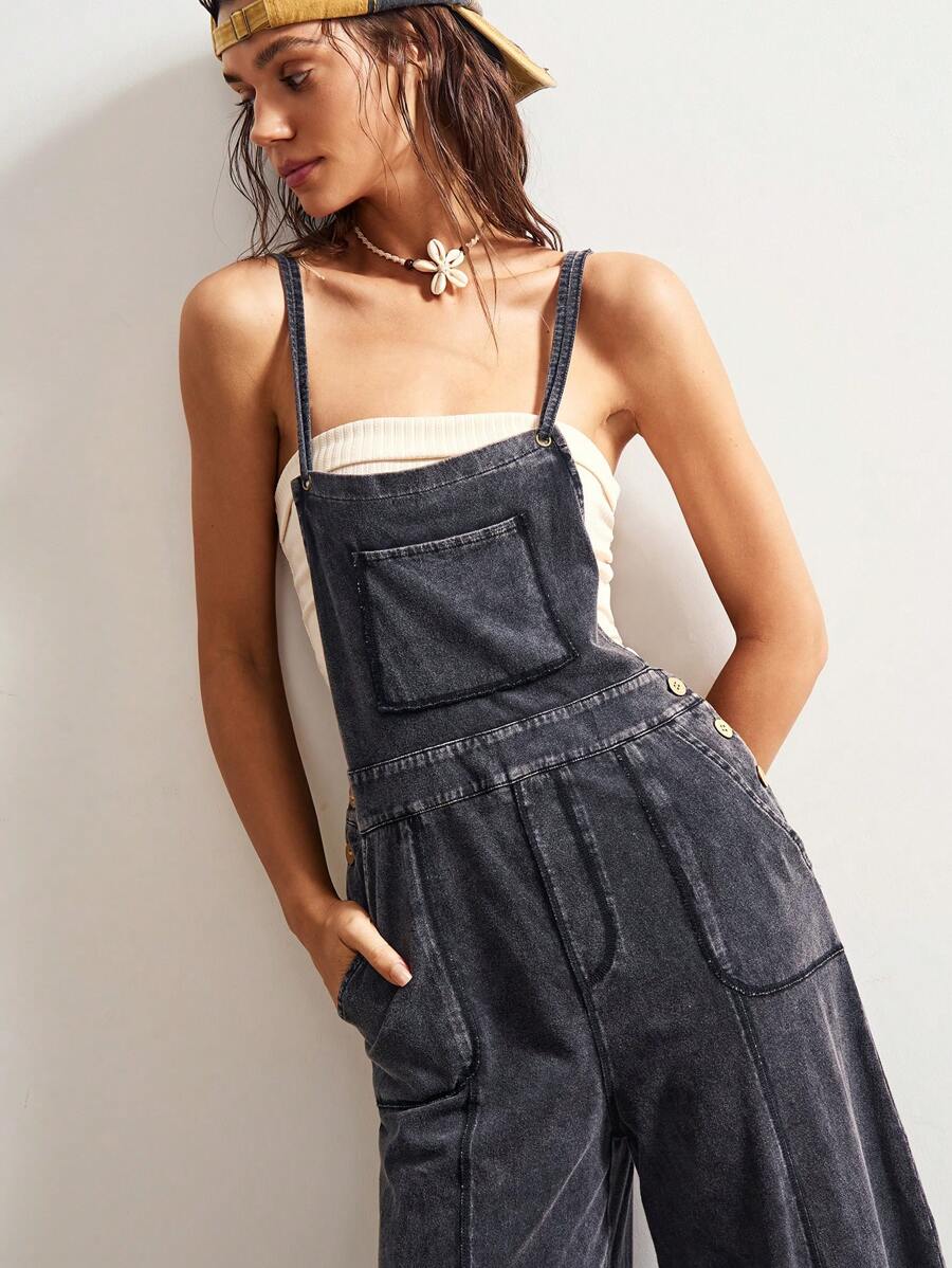 Bohemela Boho 4th Of July Casual Solid Color Woven Wide Leg Loose Bib Color Block Distressed Women Jumpsuit