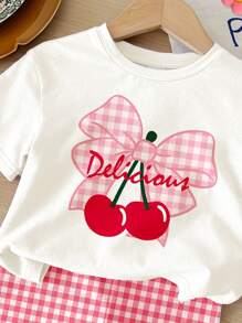 SHEIN Cute Cherry Pink Plaid Pattern, Baby Girl Casual Minimalist Round Neck Short Sleeve T-Shirt And Fitted Shorts Set, Suitable For Summer Holiday - Multicolor - View 7
