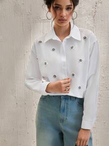 RueChic Cotton Pearls Beaded Button Front Shirt - White - View 5