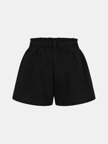 Girlism 少女蓝灰色纯色休闲短裤，纸袋腰纽扣细节，春夏季，适合休闲度假、节日、午餐、音乐节