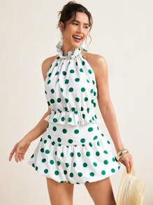VALERIA GALIPOLI Polka Dots Ruching Ruffles Halter Neck Backless Sleeveless Crop Top Summer Women Vacation Beach