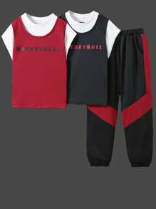 3Pcs/Set Boys' & Young Men's Contrast Color Sporty Short Sleeve T-Shirt With Outdoor Sports Drawstring Pants, For Basketball, Jogging, Workout - Multicolor - View 2