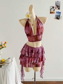 Soleia 女士复古扎染印花深 V 吊带露背蝴蝶结吊带上衣和多层荷叶边下摆迷你裙套装，适合派对、性感约会、下午茶、街头、城市度假、音乐节、海滩 - 彩色 - 查看 5