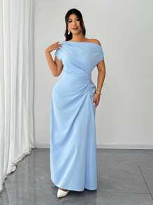 Elenzga Plus Size Dropped Shoulder Ruched Elegant Dress - Blue - View 3