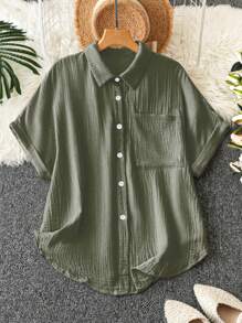 GlowEve CURVE Plus Solid Button Front Patched Pocket Shirt - Army Green - View 1
