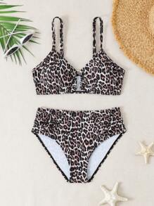 Ensemble de maillot de bain imprimé léopard pour préadolescentes, vacances à la plage - Rose bonbon - Voir 3