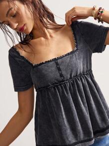 Bohemela Plus Size Women Casual Washed Square Neck Short Sleeve Top - Dark Grey - View 3