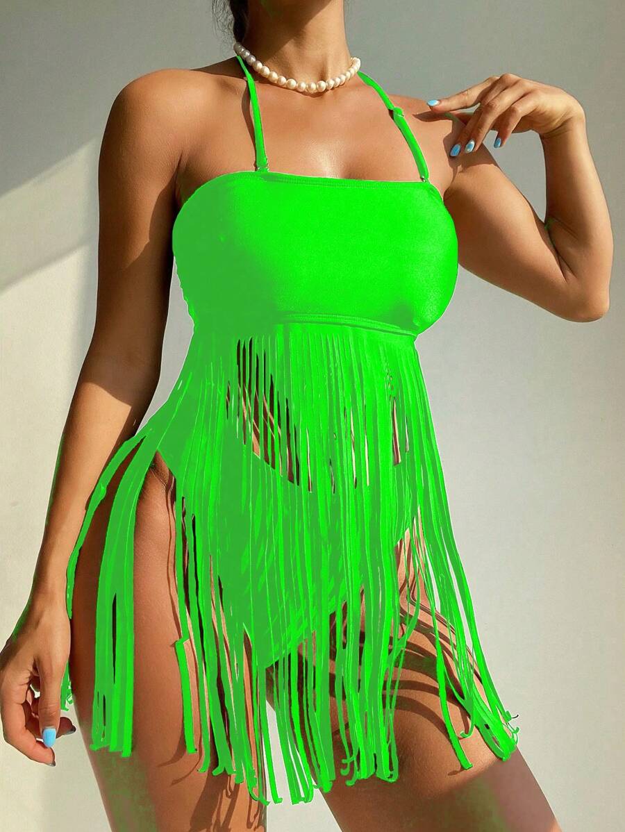 SHEIN Swim 2pcs/Set Fringe Hem Halter Neck Tankini Swimsuit For Summer Beach Vacation - Green - View 1