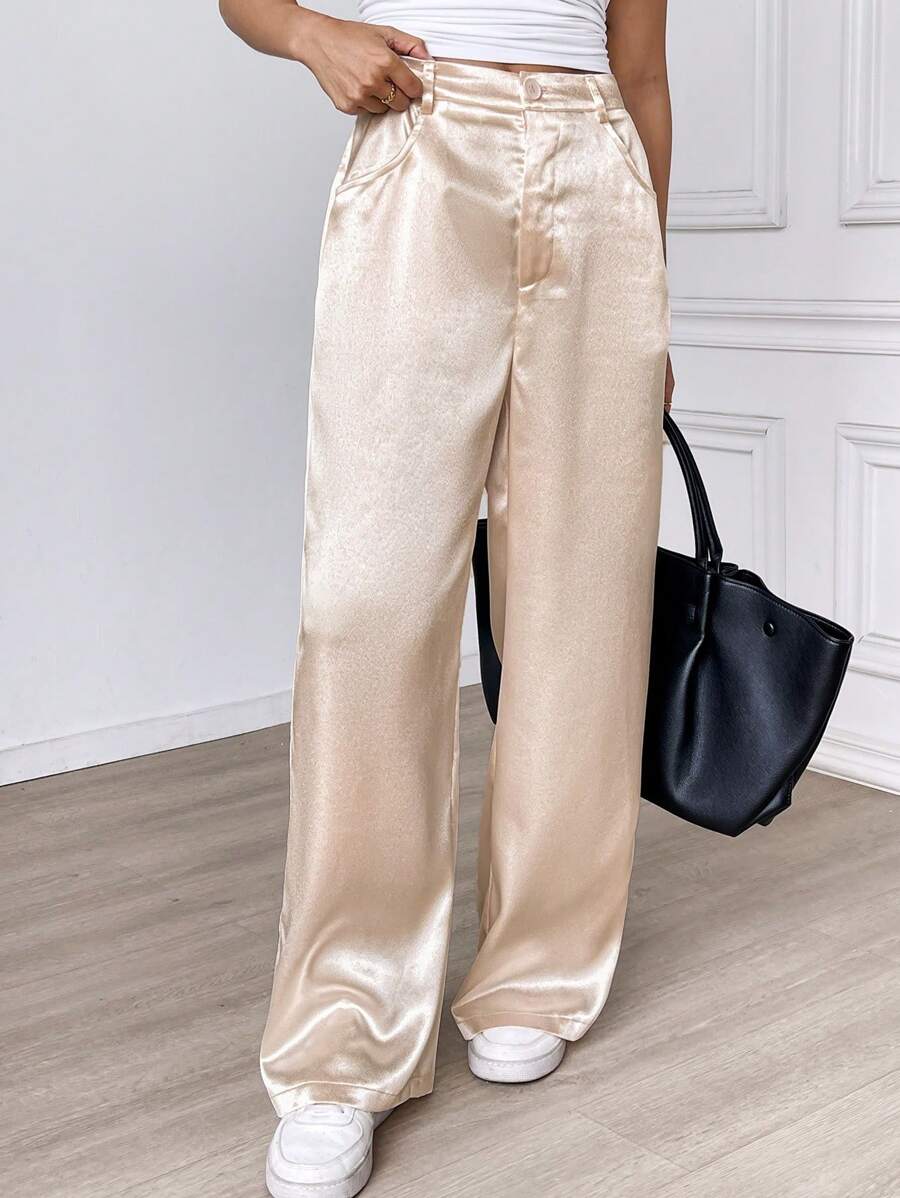 SHEIN LUNE Women's White Twill Office Pants, Elegant & Casual For Work Outfit, Spring/Summer Women Pants Business Casual Women Women Pants Women Dress Pants Khaki Women Pants Baggy Pants Office Women Outfits Work Women Clothes Business Casual Wide Leg Women Pants Professional Women Clothes Airport Women Outfits Teacher Outfits For Women