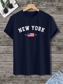 Manfinity Homme Men's Casual Letter Print Short Sleeve T-Shirt, Summer American Flag Men T Shirts - Royal Blue - View 2