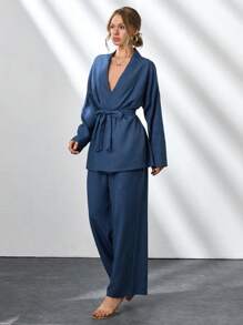 CLARA VERO Two Pieces With Belt Details, Cozy Sets, Easy To Wear At Home And Outdoor - Navy Blue - View 4