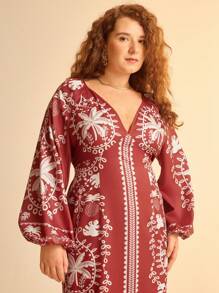 CAJUNI 加大码女式波西米亚风热带红色龟叶、菠萝、椰子树印花度假休闲海滩深 V 领灯笼袖露背长裙