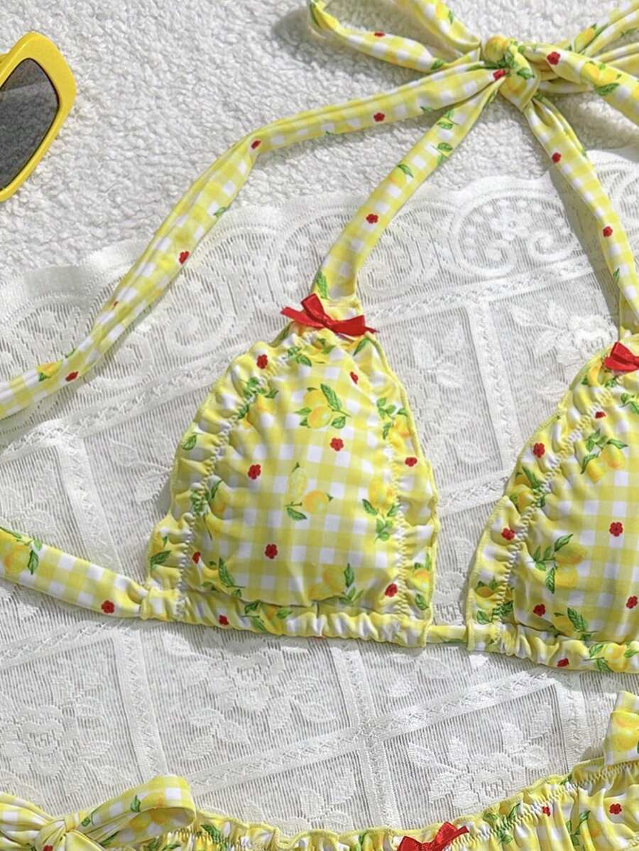 SHEIN VCAY 女款掛脖式兩件式黃色比基尼泳衣套裝,高腰丁字褲泳裝,可愛白色夏季度假度假穿搭,適合泳池派對 - 彩色 - 查看 1