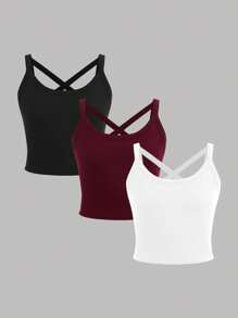 3 piezas de tops cortos casuales de niña preadolescente con espalda de tirantes y sujetador incorporado, aptos para el verano
