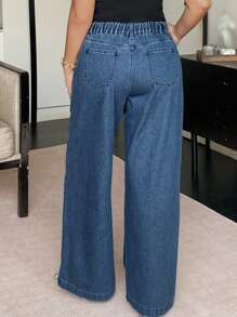 Dazy Plus Pantalones vaqueros de pierna ancha con bolsillos falsos, de un solo color, lavados, de ajuste holgado, para todas las estaciones