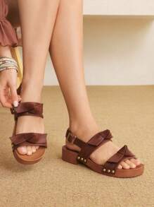 Styleloop Women's Round Toe Slip-On High Heel Sandals, Outdoor/Commute PU Thick Heel Brown Shoes - Rust Brown - View 6