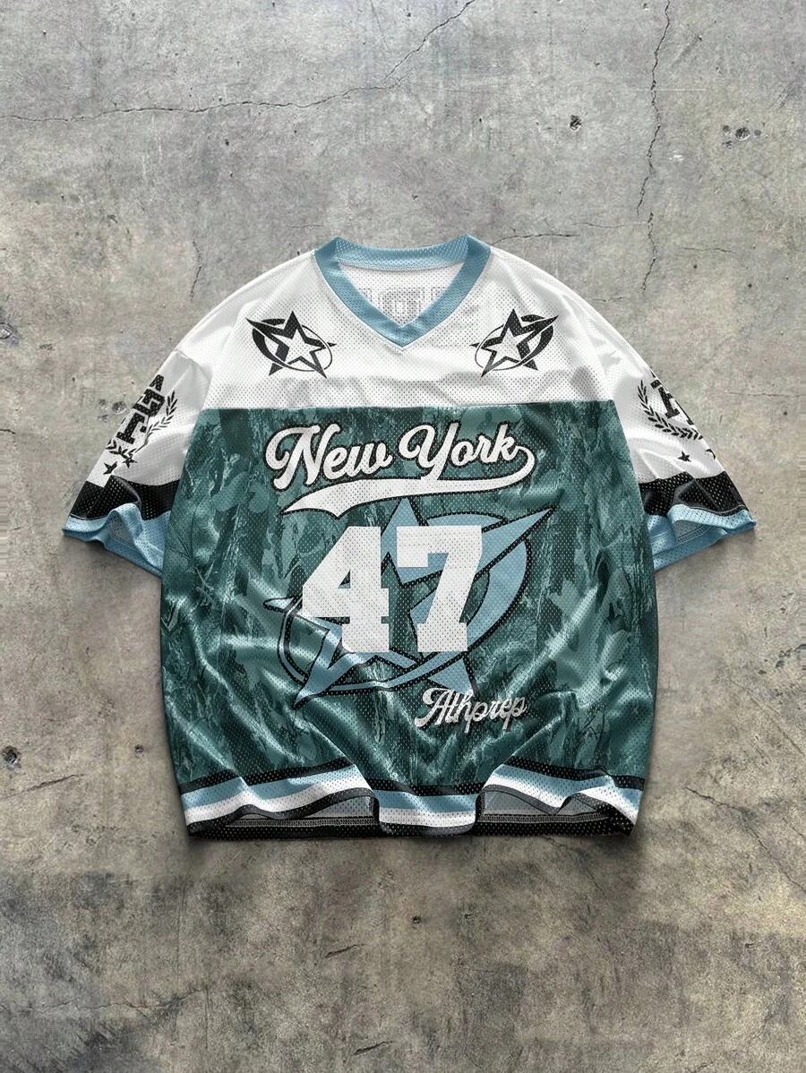 EASEVO Plus Size Men's Casual Summer Numeric & Letter Print Crew Neck Short Sleeve Patchwork T-Shirt