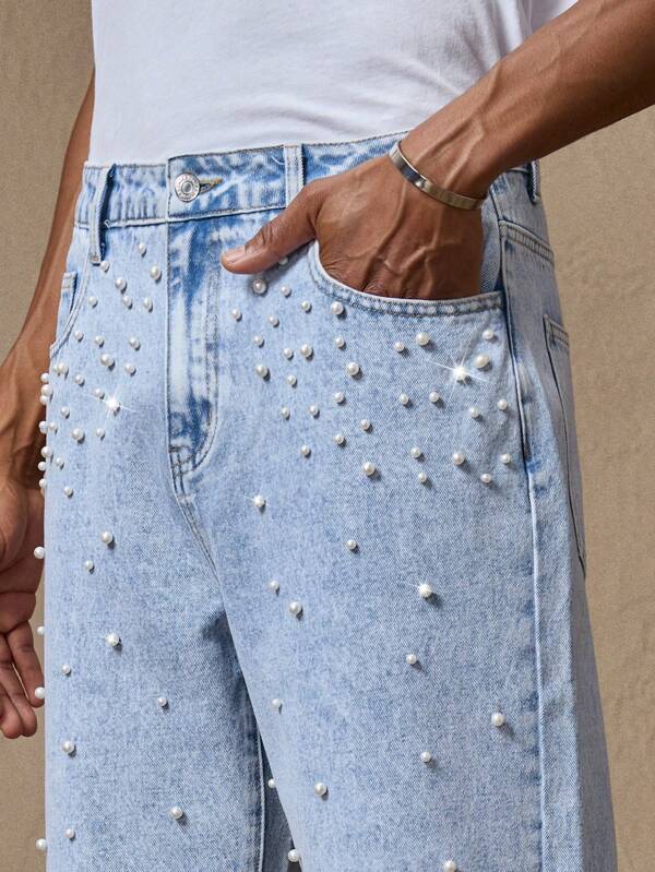 AKNOTIC Blugi bărbătești, albastru deschis, din denim, decorați cu perle, cu croială dreaptă, casual, potriviți pentru vară, vacanță, purtare zilnică, petreceri, seturi pentru cupluri, cadou de Ziua Tatălui