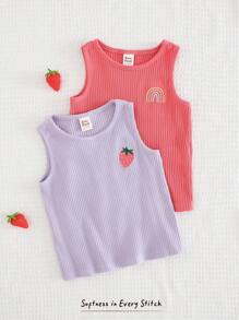 Cozy Pixies 2pcs/Set Baby Girl Rainbow & Strawberry Pattern Soft Knit Camisole Top Set - Multicolor - View 3