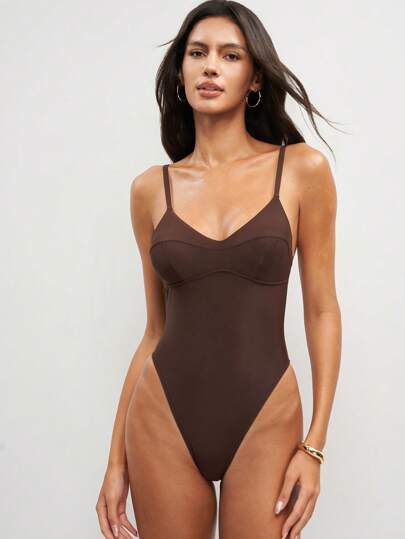 Swim Glamine 1pc Women Solid Color Spaghetti Strap One-Piece Swimsuit, Fashionable For Summer
