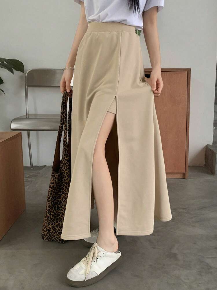 Women's Solid Color Side Slit Skirt, Grey, All Season Fall Skirts