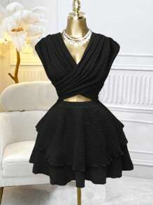 Franclia Breezaya 女式交叉镂空荷叶边下摆度假沙滩裙演唱会服装针织高弹力荷叶边时尚设计黑色性感浪漫优雅晚会约会节日派对春夏新款短裙 - 黑色 - 查看 1