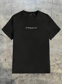 AXEPEAK 男士休闲圆领短袖T恤，带标语印花，夏季，街头风格 - 黑色 - 查看 2