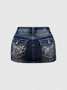 ROMWE J-Fashion Y2K 复古蝴蝶刺绣可调节拼色牛仔迷你裙，加大码 - 藍色 - 查看 5