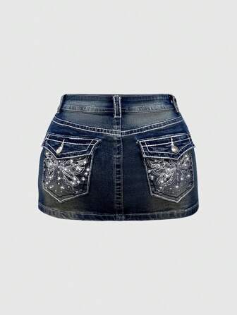J-Fashion Y2K Vintage Butterfly Embroidered Adjustable Color Block Denim Mini Skirt, Plus Size