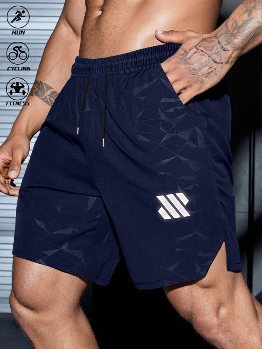 Gym Rark Men's Geometric Print Drawstring Waist Pocket Sports Shorts Workout Clothes Running Shorts - Navy Blue - View 1