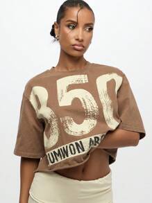 SUMWON WOMEN 优质超大运动服字母印花 T 恤档案系列破洞图案短款上衣街头风格节日都市时尚 - 棕色 - 查看 5