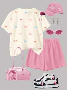 SHEIN 2pcs Tween Girls' Casual Minimalist Bow Decor Short Sleeve Top And Shorts Set, Summer - Multicolor - View 2