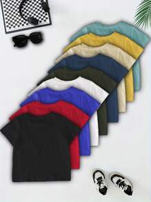 SHEIN 9件/套年轻男孩圆领短袖基本款T恤，1件黑色，1件红色，1件蓝色，1件白色，1件军绿色，1件藏青色，1件卡其色，1件黄色，1件湖蓝色 - 彩色 - 查看 2