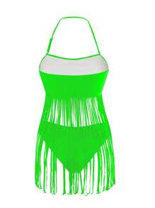 SHEIN Swim 2pcs/Set Fringe Hem Halter Neck Tankini Swimsuit For Summer Beach Vacation - Green - View 3