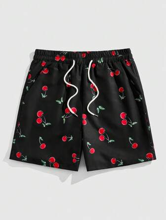 Street Life Pantalones cortos de verano casuales con cordón y cintura elástica con estampado de cerezas (en stock) para hombres