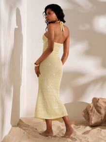 Opulessa Women's Yellow Knitted Halter Maxi Dress: Semi-Sheer Mermaid Hem Party Dress With Sleeveless Design And Back Zipper Detail - Yellow - View 2